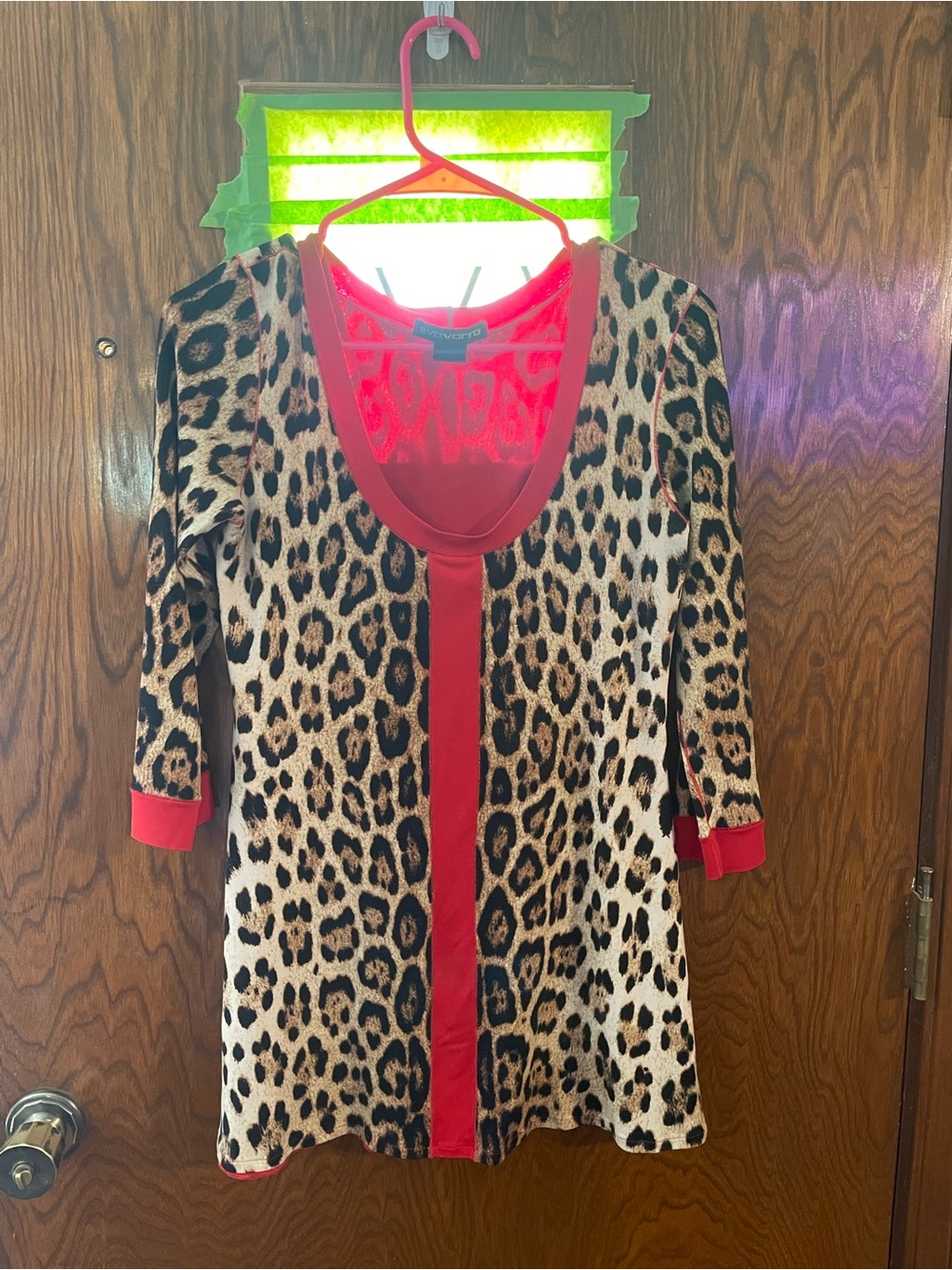 Leopard Print V-Neck Tunic with Red Trim